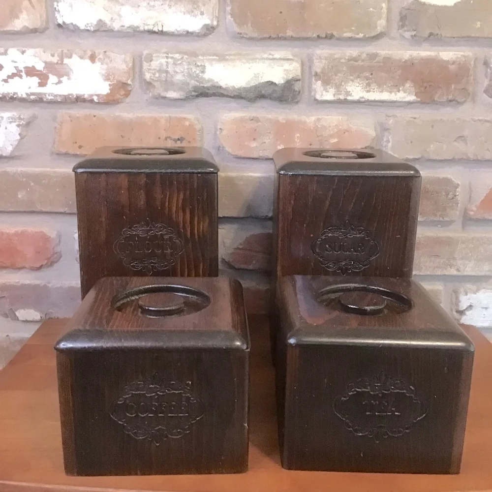 VINTAGE 60’s 70’s MCM Flour Sugar Tea Coffee Square Wooden Canister Set